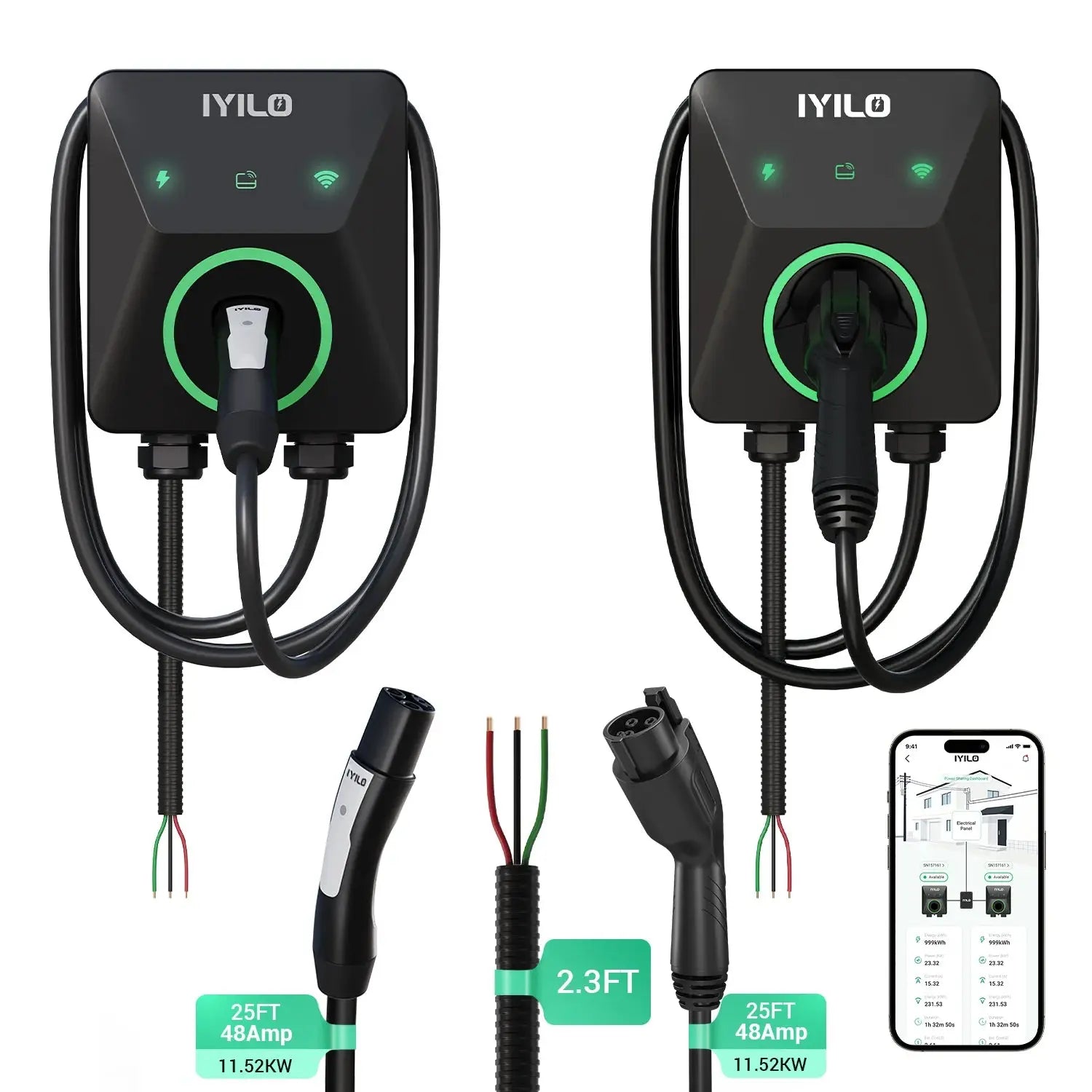 IYILO Dual Level 2 EV Charger Bundle – NACS(J3400) + J1772 – 48A Hardwired