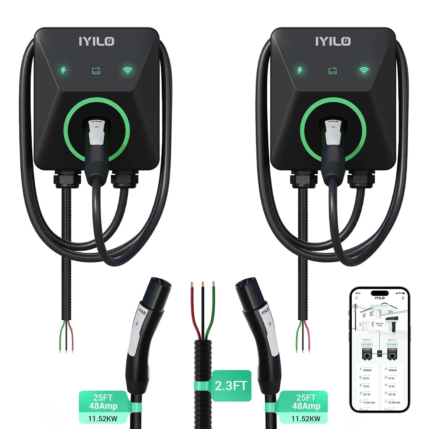 IYILO Dual Level 2 EV Charger Bundle – NACS(J3400) + NACS(J3400) – 48A Hardwired