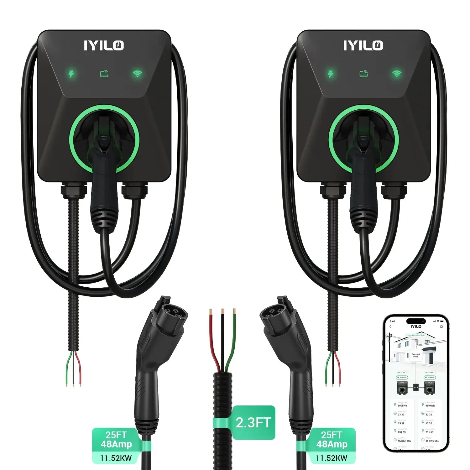IYILO Dual Level 2 EV Charger Bundle – J1772 + J1772 With Power Sharing – 48A Hardwired - IYILO